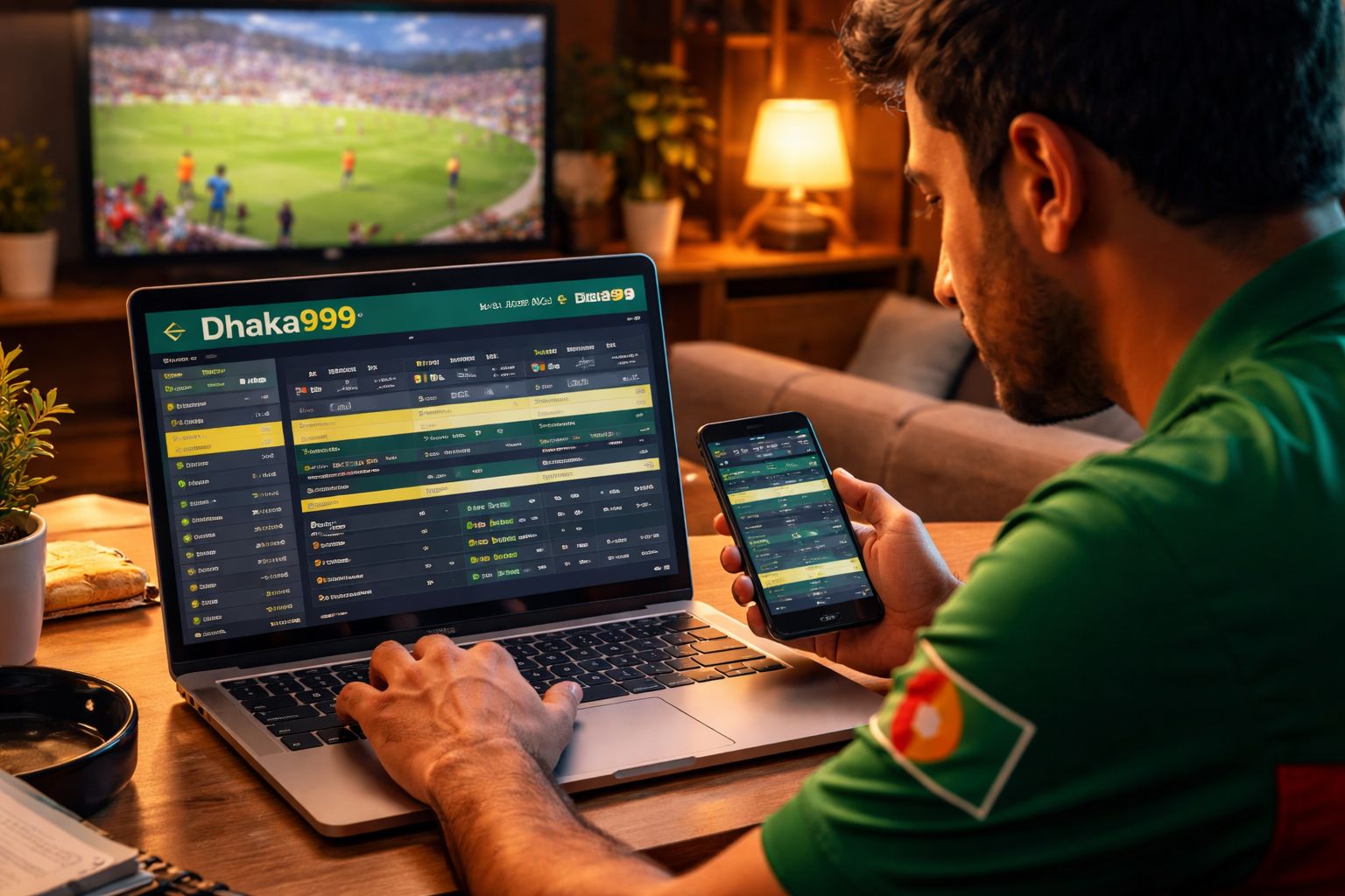 Dhaka999 sportsbook displaying cricket and football wagering markets on a mobile device