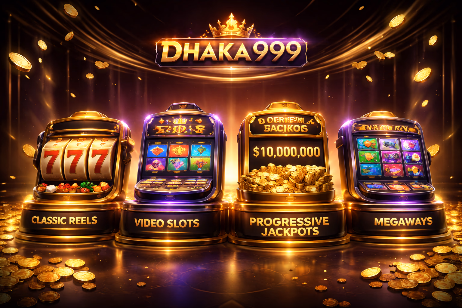 Dhaka999 slot categories displaying classic reels, video slots, progressive jackpots and Megaways titles